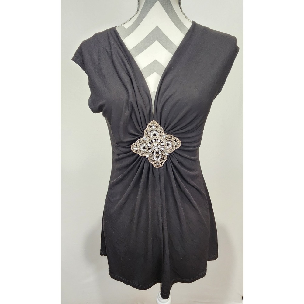 Studio Y Women's Y2K Embellished Rhinestone Dressy Blouse Black Size M